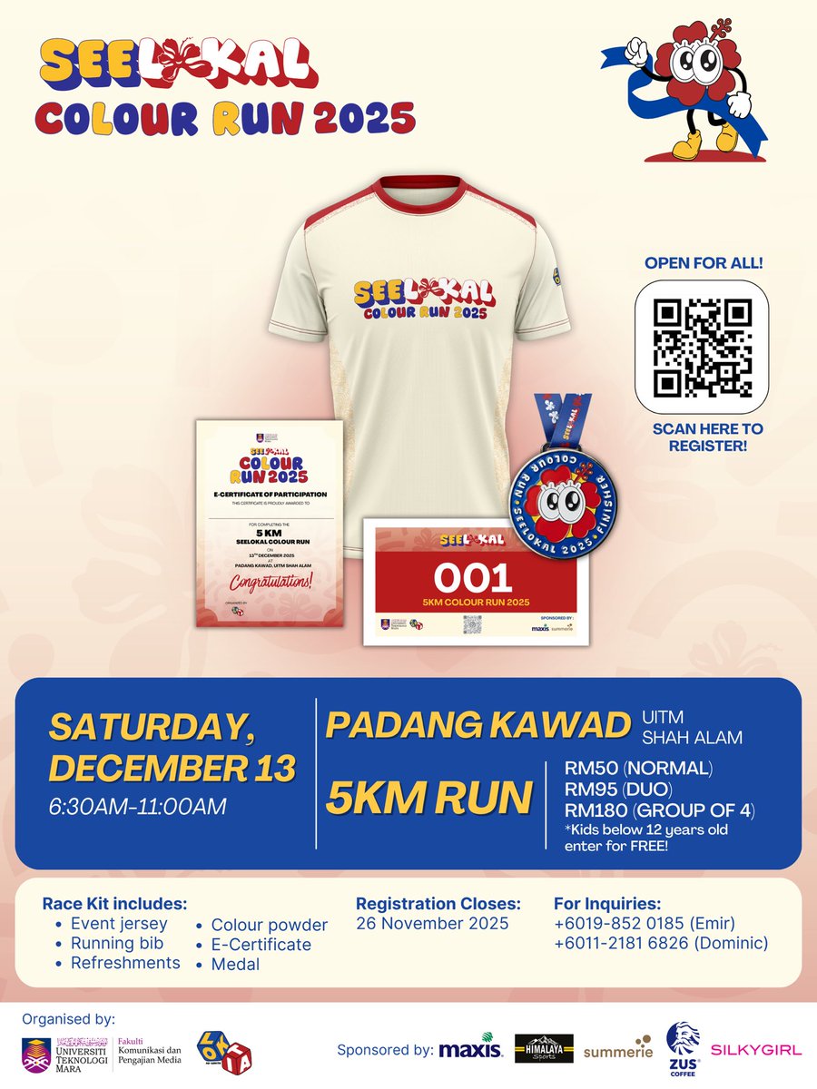 We advertising students are organising a colour run for our final year project.

jom join and support our event on 13 December 2025 at Padang Kawad UITM Shah Alam !!😍😍