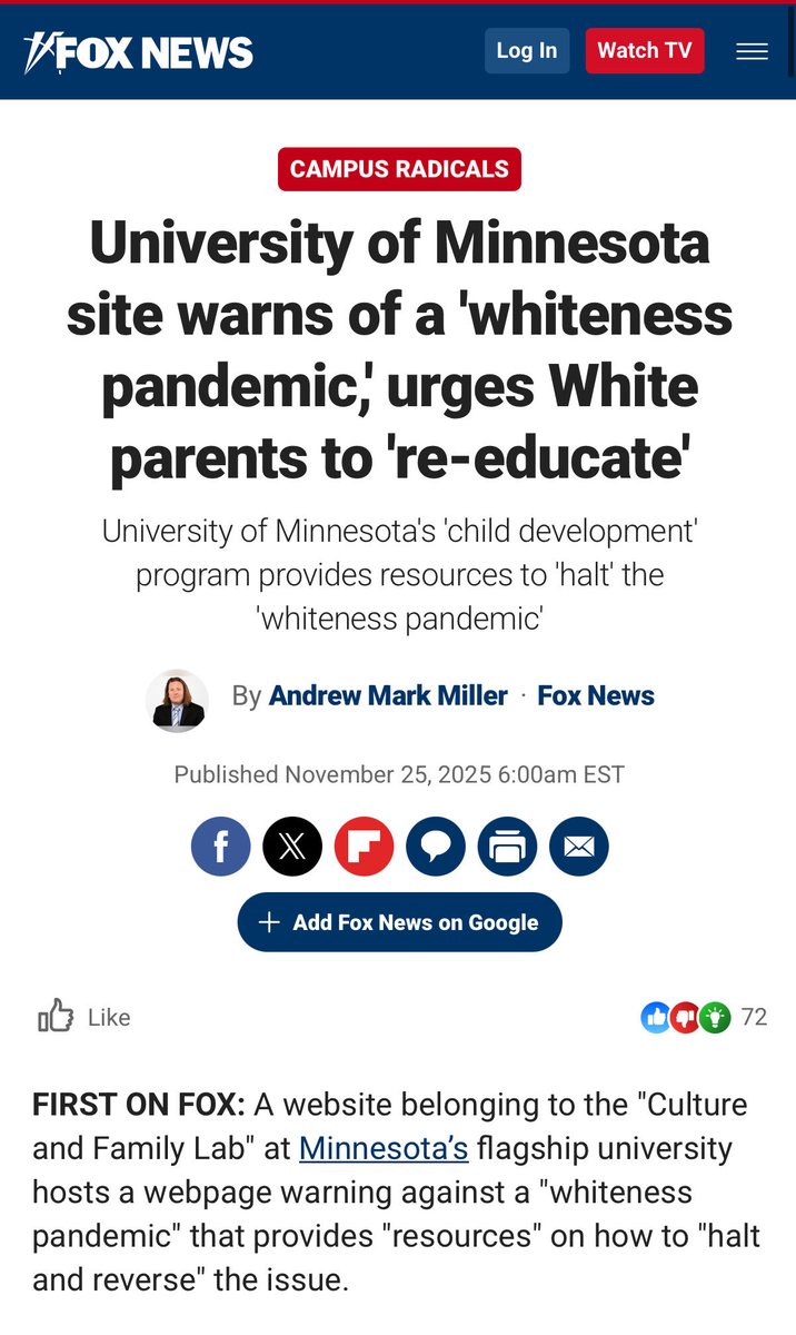 1/BREAKING: Defending Ed uncovers more far-left programming at the University of Minnesota–Twin Cities, this time from within a “Family and Culture” lab that refers to Western culture as “centuries-old cultures of Whiteness” on a page titled the “Whiteness Pandemic.” <a href="/FoxNews/">Fox News</a>