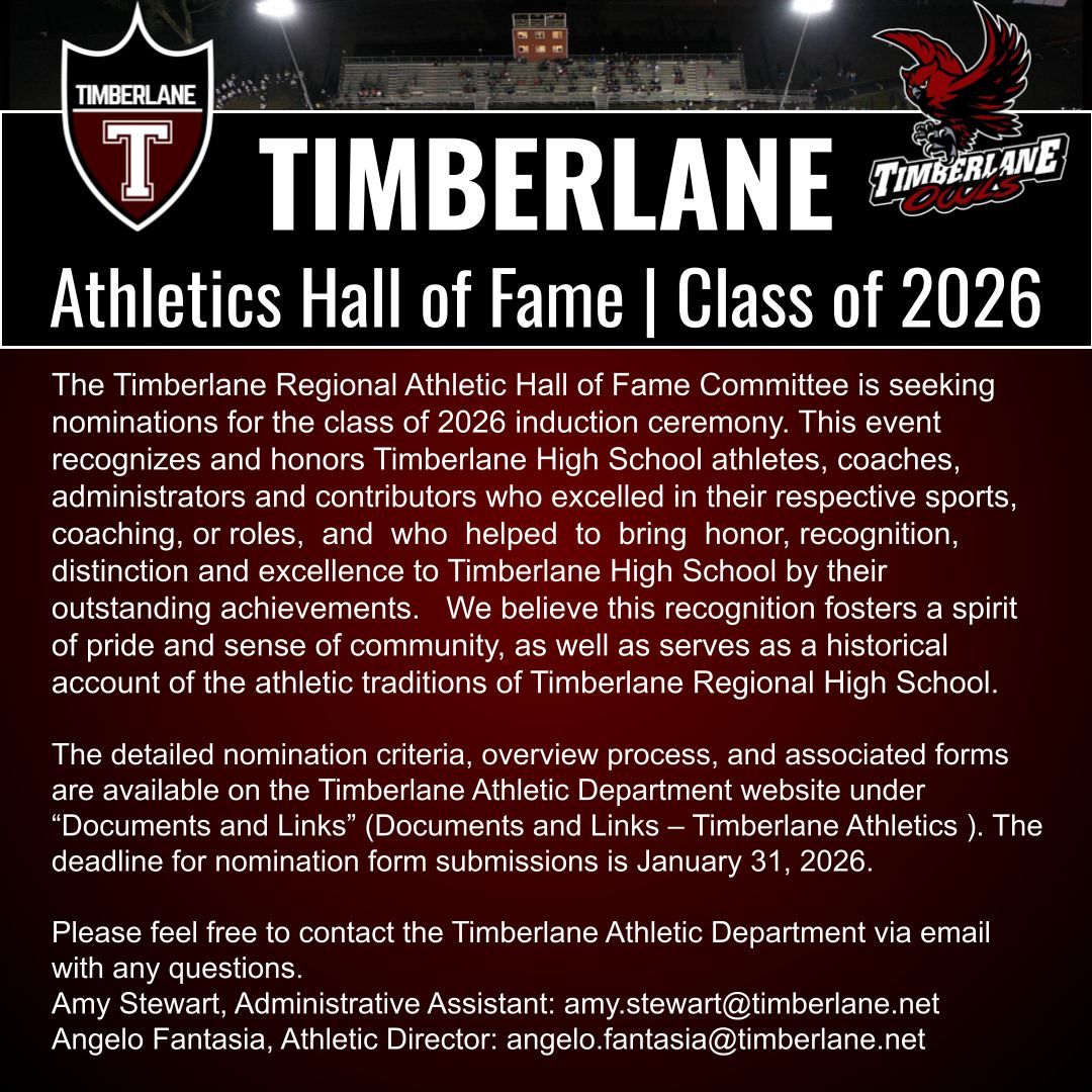 Criteria and Forms: timberlane.net/athletics/docu… 

Please feel free to contact the Timberlane Athletic Department via email with any questions.

Amy Stewart, Administrative Assistant: amy.stewart@timberlane.net
Angelo Fantasia, Athletic Director: angelo.fantasia@timberlane.net