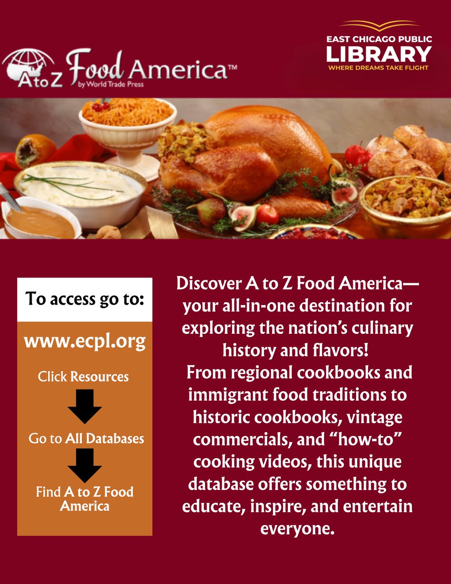 ECPublicLibrary's tweet image. Thanksgiving is just 2 days away—get inspired! 🦃🍽️
Explore A to Z Food America, a rich library database packed with regional recipes, food traditions, historic cookbooks, and so much more. Perfect for last-minute holiday ideas!
Access it FREE at ecpl.org