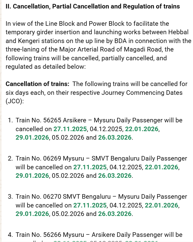 IndexKarnataka's tweet photo. Finally....
MAR road connectivity gets railway clearance for #Girder insertion
Mysuru bound trains affected on dates given in pic
Looks like it takes 4 months!
#PRR2 https://t.co/TzroXiDKAq