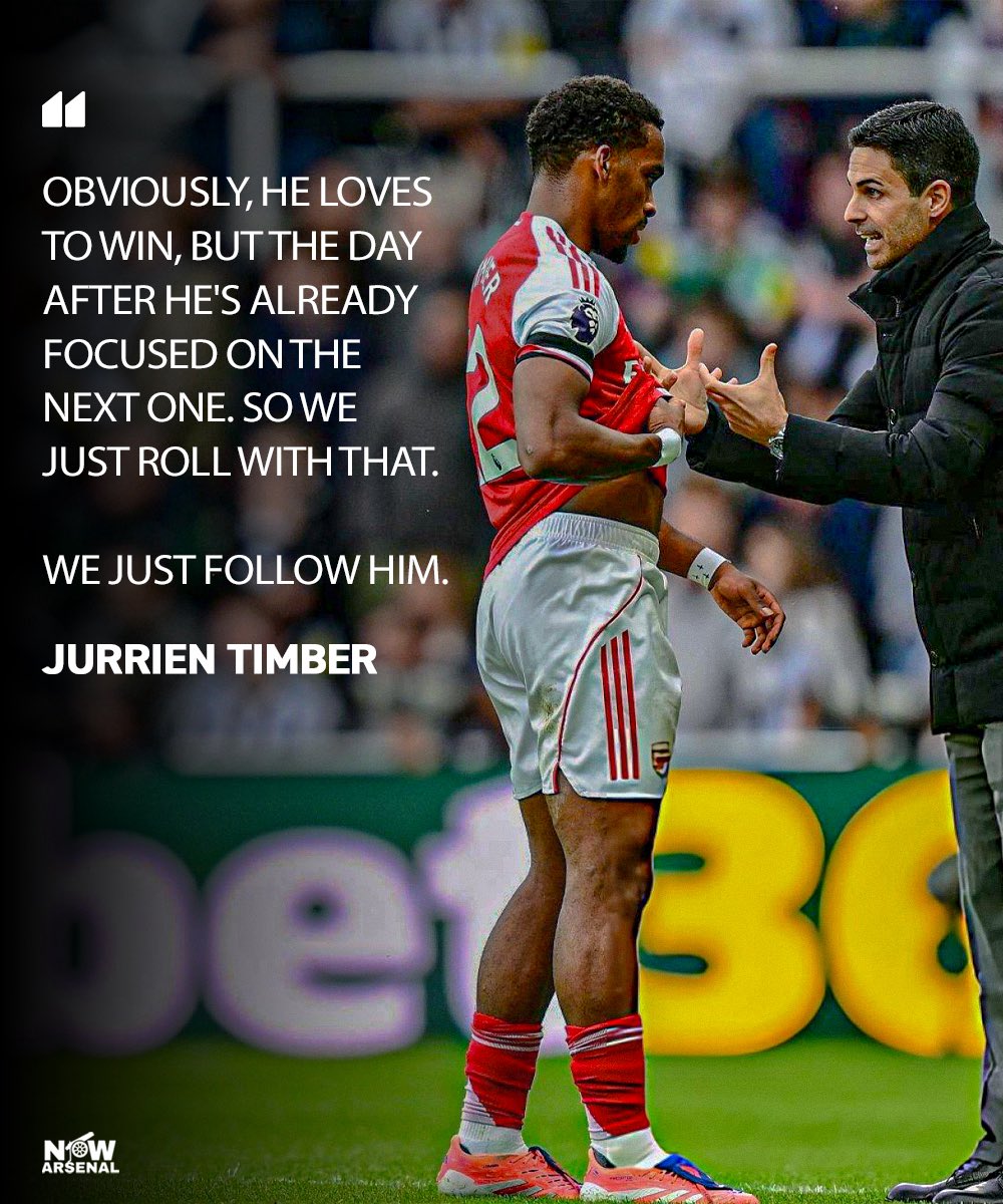 now_arsenaI's tweet image. Jurrien Timber with a great quote on Arsenal manager Mikel Arteta.

Our manager. Our leader.
