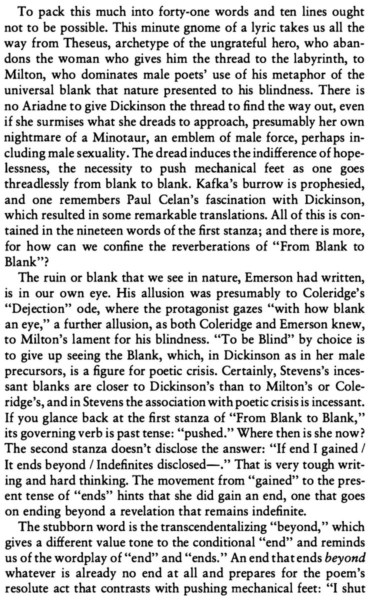 BretVDB's tweet image. I don’t usually say that Harold Bloom was right, but he was right when in The Western Canon he traced Dickinson’s “blank” to a tradition running from Milton, through Coleridge, to Emerson.