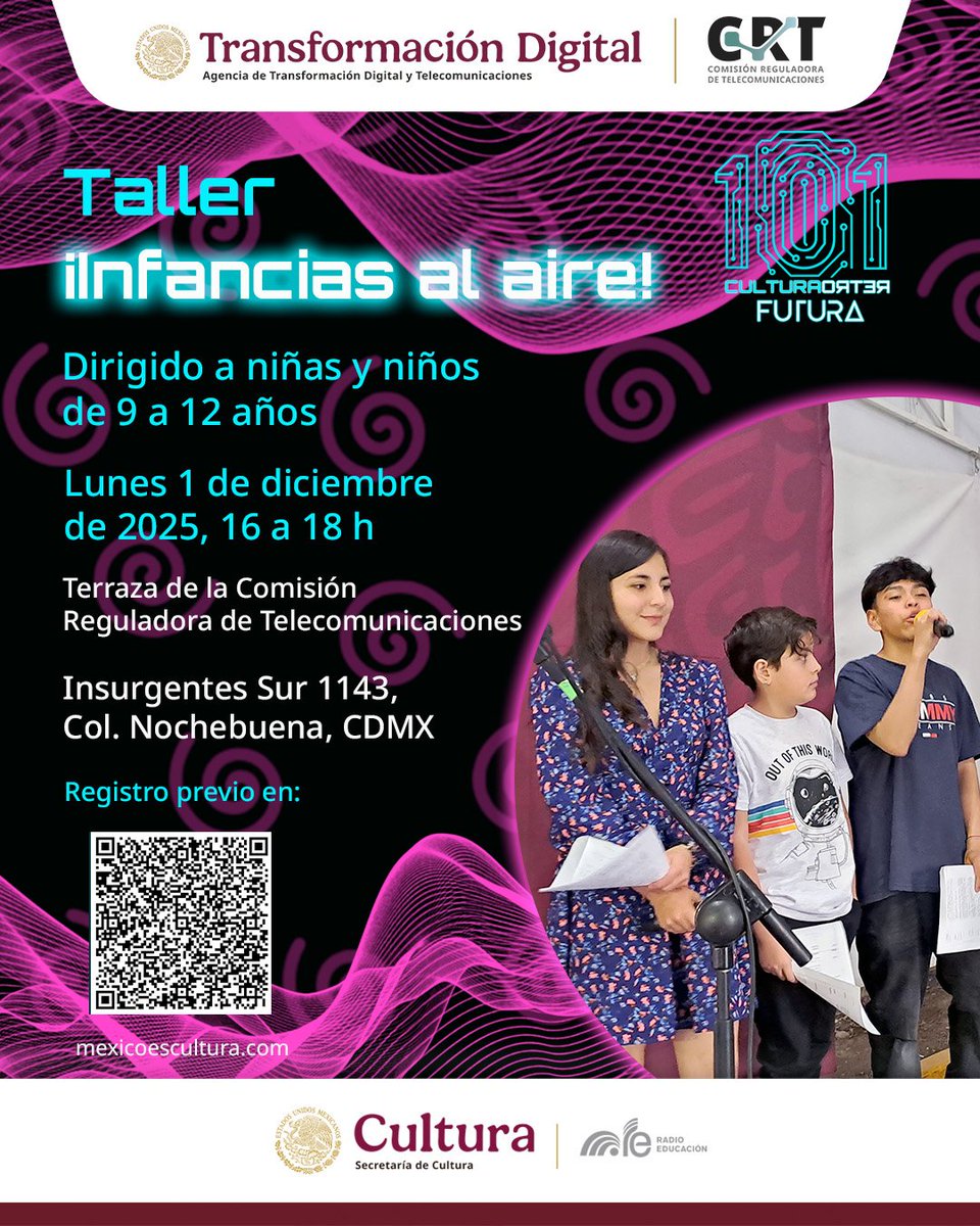 RadioEducacion's tweet photo. En conjunto con la @CRTGobMX  te invitamos al taller: Infancias #AlAire 👧🏽🎧

Celebramos #101AniversarioRE con este espacio de aprendizaje para niñas y niños de 9 a 12 años 🧒🏻

📅  1 de diciembre, 16 h
📍 Insurgentes 1143
💻 Registro en:  https://t.co/5yLLX5ZZX2 https://t.co/czrCrtn1Oa