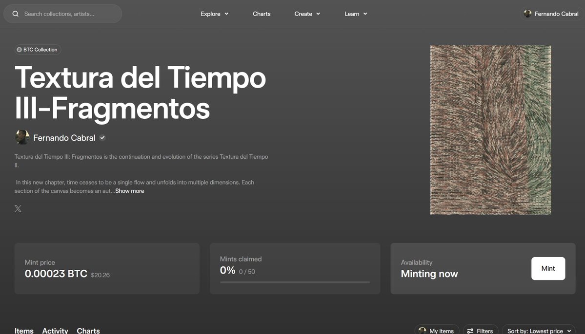 Fernandodevv's tweet image. Gm
Open Public Mint is now live.

Each piece in the series is generated in real time through a compressed algorithm of just 3.12 KB, written entirely in pure JavaScript code.

#generativeart