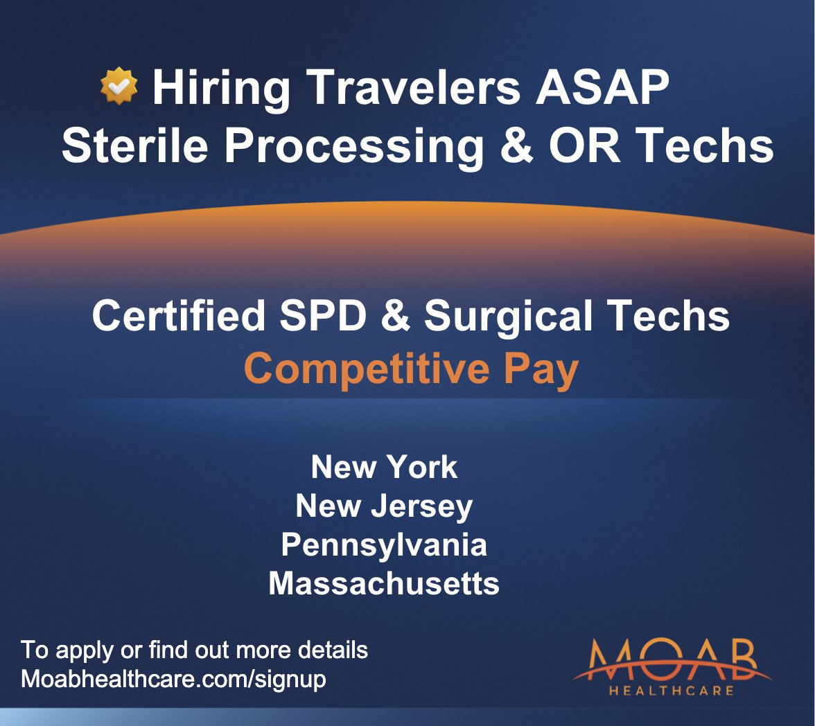MoabHealthcare's tweet image. 🚨 We’re Hiring Certified Travelers! 🚨

Moab Healthcare is seeking Sterile Processing Techs and Surgical Techs!

✅ Travel Opportunities:
📍 New York
📍 New Jersey
📍 Massachusetts
📍 Pennsylvania

👉 Apply now at moabhealthcare.com/signup

#SterileProcessing #SurgicalTech