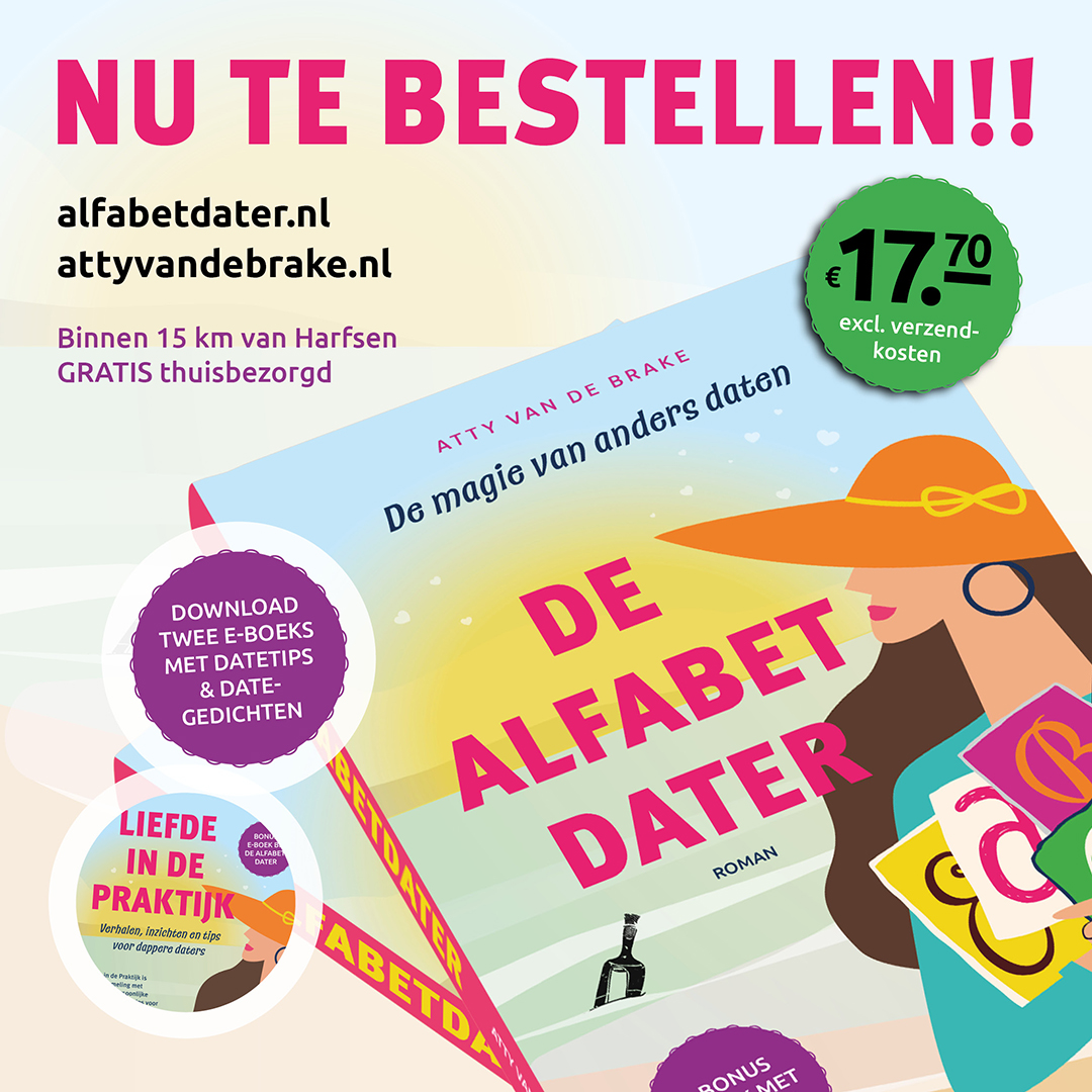 Sinterklaastip: een boek over daten. Feelgood met diverse verhaallijnen. Auteur uit het Oosten. 
alfabetdater.nl/boek-atty-van-…