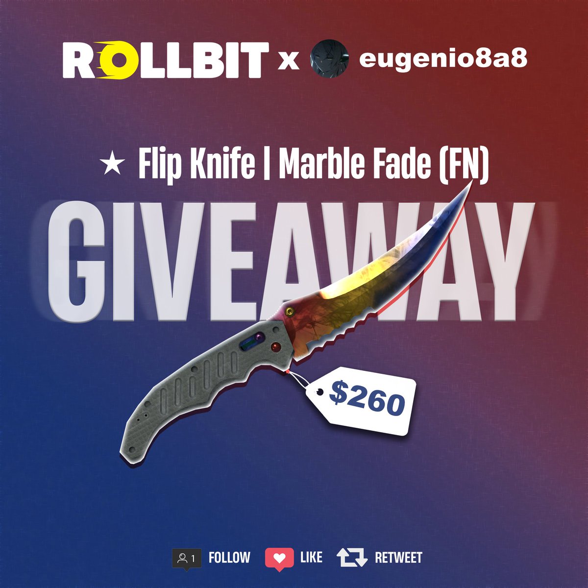 eugenio8a8's tweet image. Really honored to run a knife giveaway with @rollbit, the official sponsor of the Starladder Budapest Major and FaZe Clan 🔥

Prize:
👉 Flip Knife | Marble Fade (FN)

How to enter:
👉 Like &amp;amp; retweet
👉 Follow @rollbit and @eugenio8a8

Winner will be drawn within a week! GL ALL🥳
