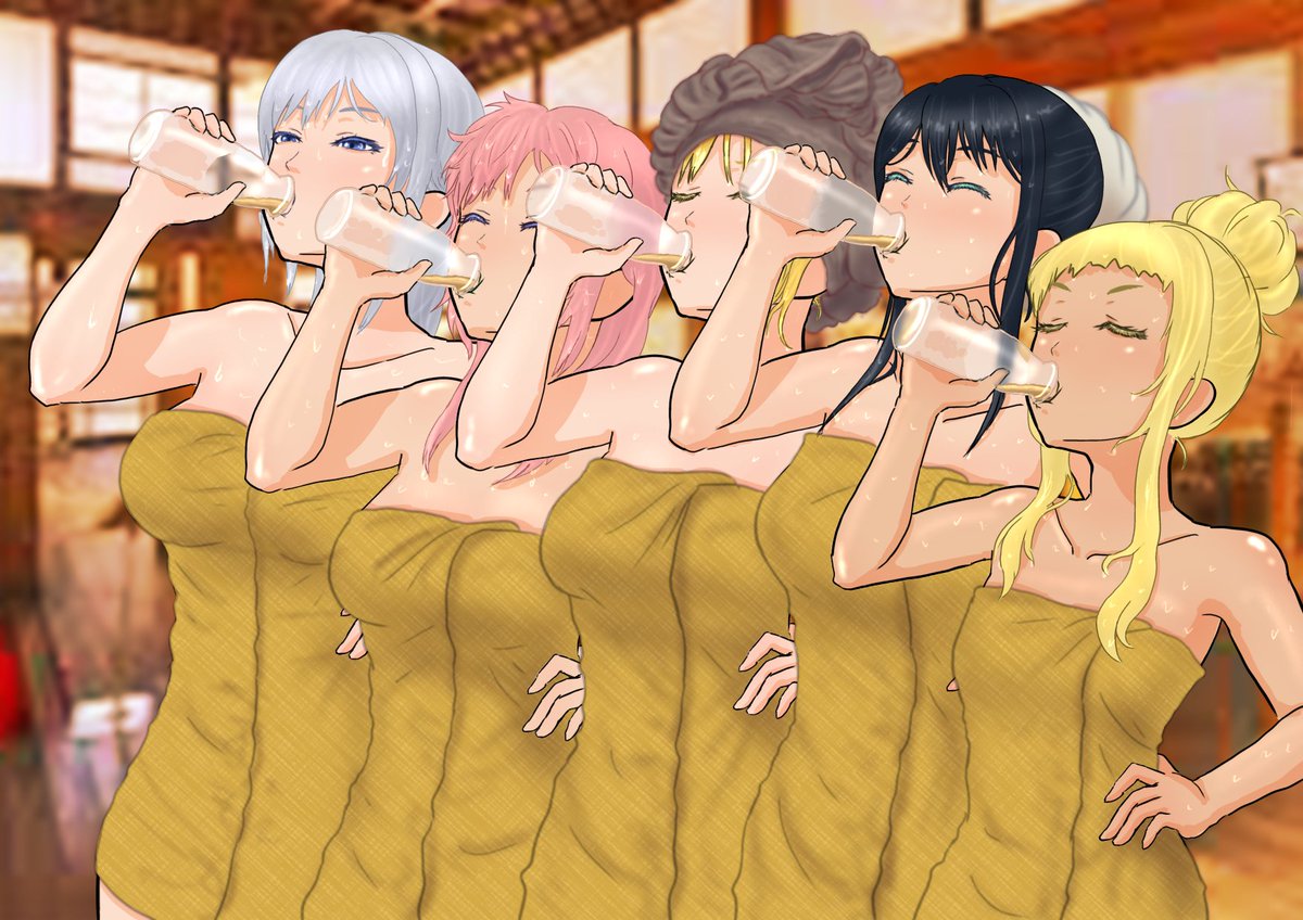 fV9XkMGRdWUIWI2's tweet image. 本日は #いい風呂の日 ！
ロッティに伝統芸能を叩き込まれる在りし日のアマンドの面々の図ます
背景はフリー素材
#スクスト