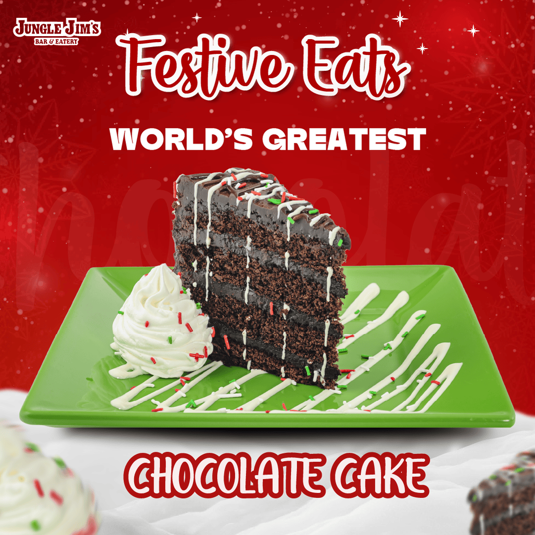 Ho-ho-holy chocolate! 🎅🍰
Eight decadent layers, creamy frosting, festive sprinkles — it’s dessert done Jungle Jim’s style!