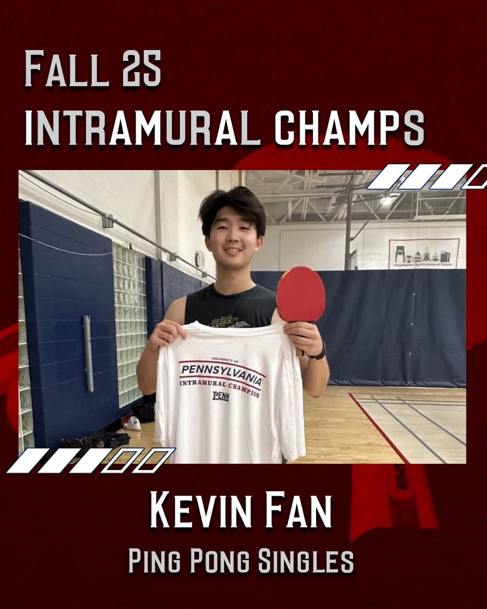 Penn IM's have crowned two Ping Pong champs:

RCF - Ping Pong Doubles
Kevin Fan - Ping Pong Singles

#PennIMs | #PennRec | #Penn | #UPenn | #Champs 🔴🔵