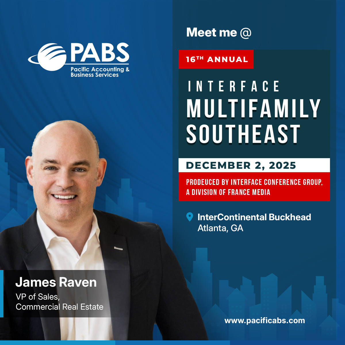 PacificABS's tweet image. Meet James Raven at InterFace Multifamily Southeast 2025 and discover how outsourced accounting can cut costs &amp;amp; boost visibility. 

📅Dec 2, 2025 
📍InterContinental Buckhead, Atlanta, GA 

#Multifamily #PropertyManagement #AccountingSolutions #InterFaceSoutheast #CREFinance