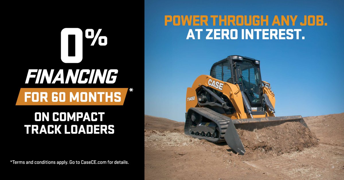 CaseCE's tweet image. Power through any job at 0% interest. CASE Compact Track Loaders: massive horsepower, smart controls, endless versatility. Get 0% financing for up to 60 months.

See offer details at ow.ly/HAOz50Xx661.

#caseconstruction #compacttrackloader #compactequipment #contractor