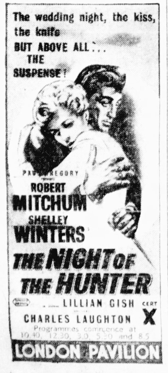 Mag1cH0ur's tweet photo. On this day November 25th, 1955, Charles Laughton's THE NIGHT OF THE HUNTER, starring Robert Mitchum and Shelley Winters, opened at the London Pavilion.. https://t.co/BZmo8xSmB5