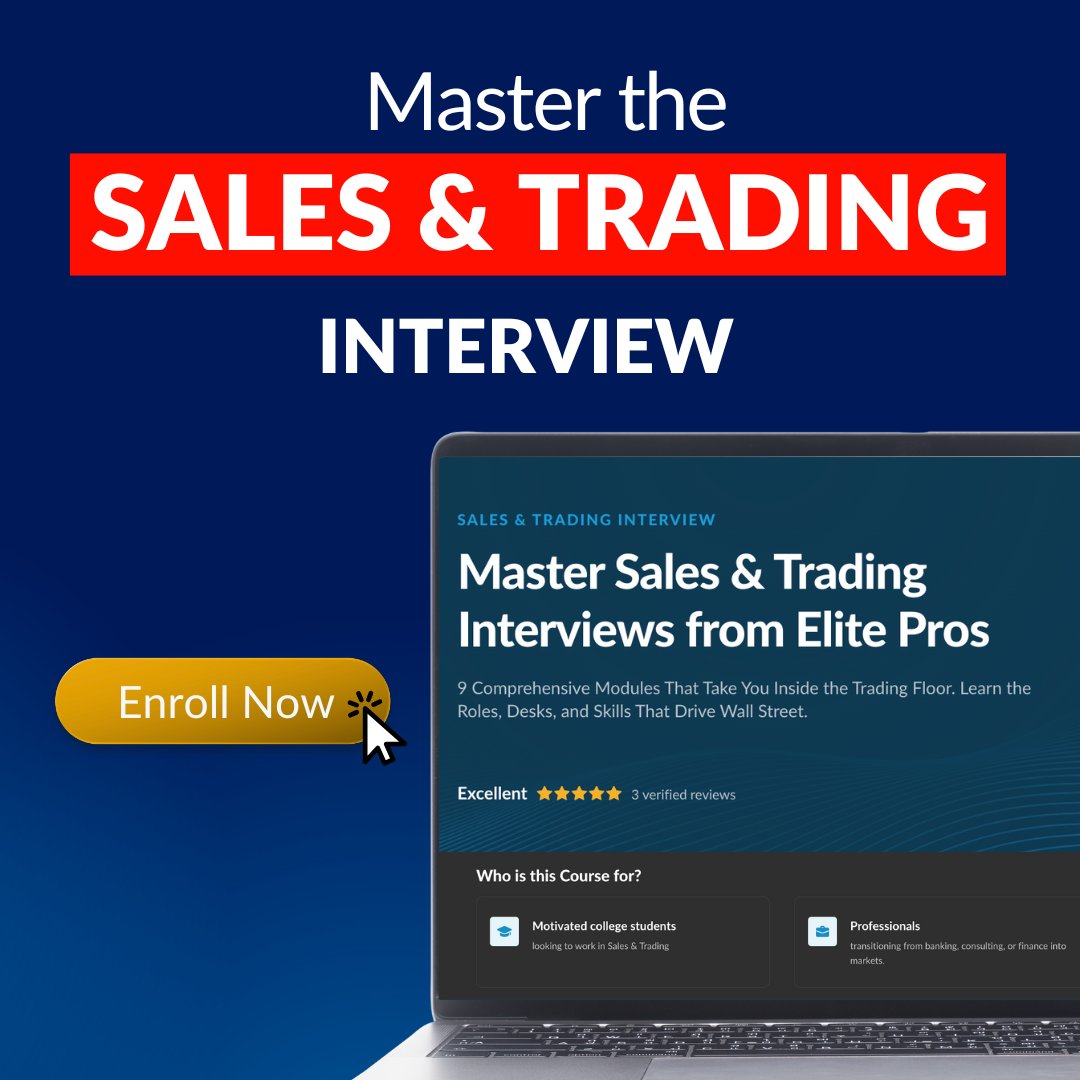 WallStreetOasis's tweet image. 📈 Ready to break into Sales &amp;amp; Trading and stand out in one of the most competitive interviews on Wall Street?
Our brand-new Sales &amp;amp; Trading Interview Course gives you insider frameworks, real trading-floor knowledge, and the exact strategies top candidates use to land offers.…