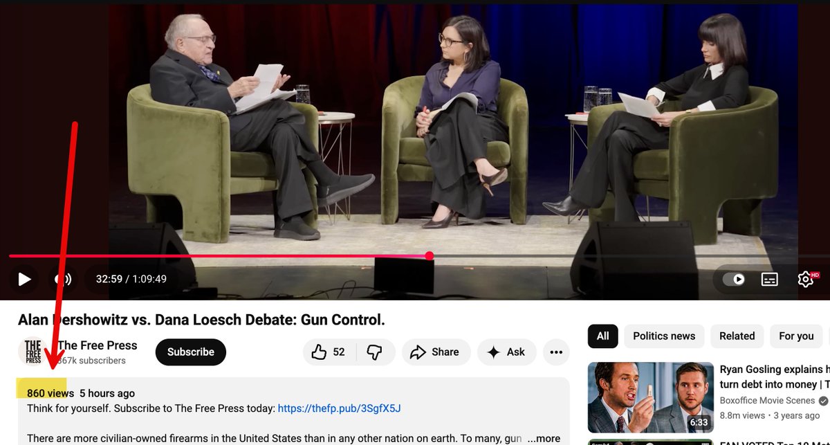 The example Bari Weiss gave of the "charismatic" mainstream debates she believes will revitalize CBS -- namely, the gun control debate she arranged between Alan Dershowitz and Dana Loesch -- has so far been watched by a grand total of 860 people in the 5 hours since posting: