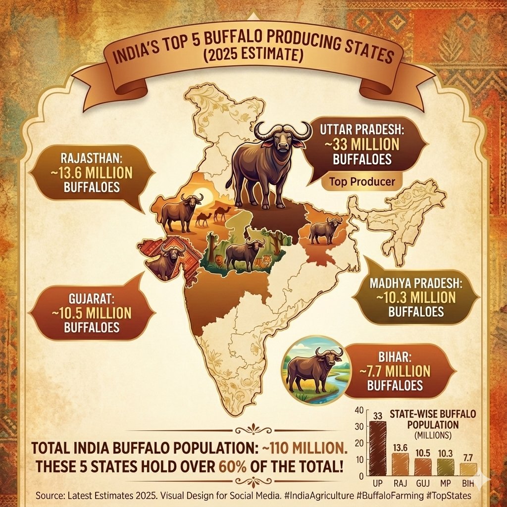rkjat65's tweet image. India’s buffalo power! 🇮🇳🐃

UP, Rajasthan, Gujarat, MP, Bihar—these 5 states herd over 60% of the nation’s 110 million buffaloes.

#DataViz #DataStory #IndiaAgriculture #BuffaloFarming #DairyChampions #TopStates