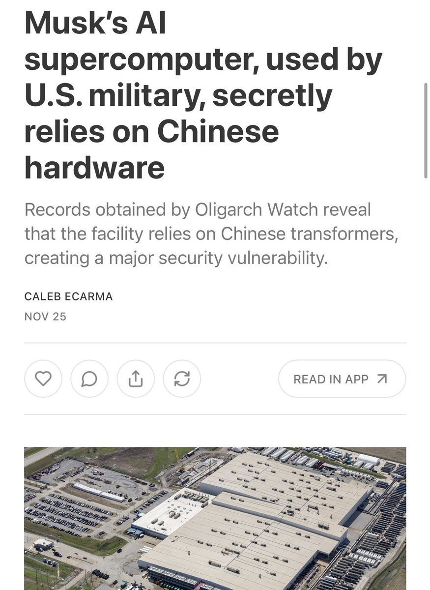 D4nciingQueen's tweet image. “Elon Musk’s artificial intelligence company, xAI, has built its sprawling data center using more than 2,000 metric tons of Chinese-made transformers, a security risk that could leave it vulnerable to espionage or sabotage.” 

 #WakeUpAmerica