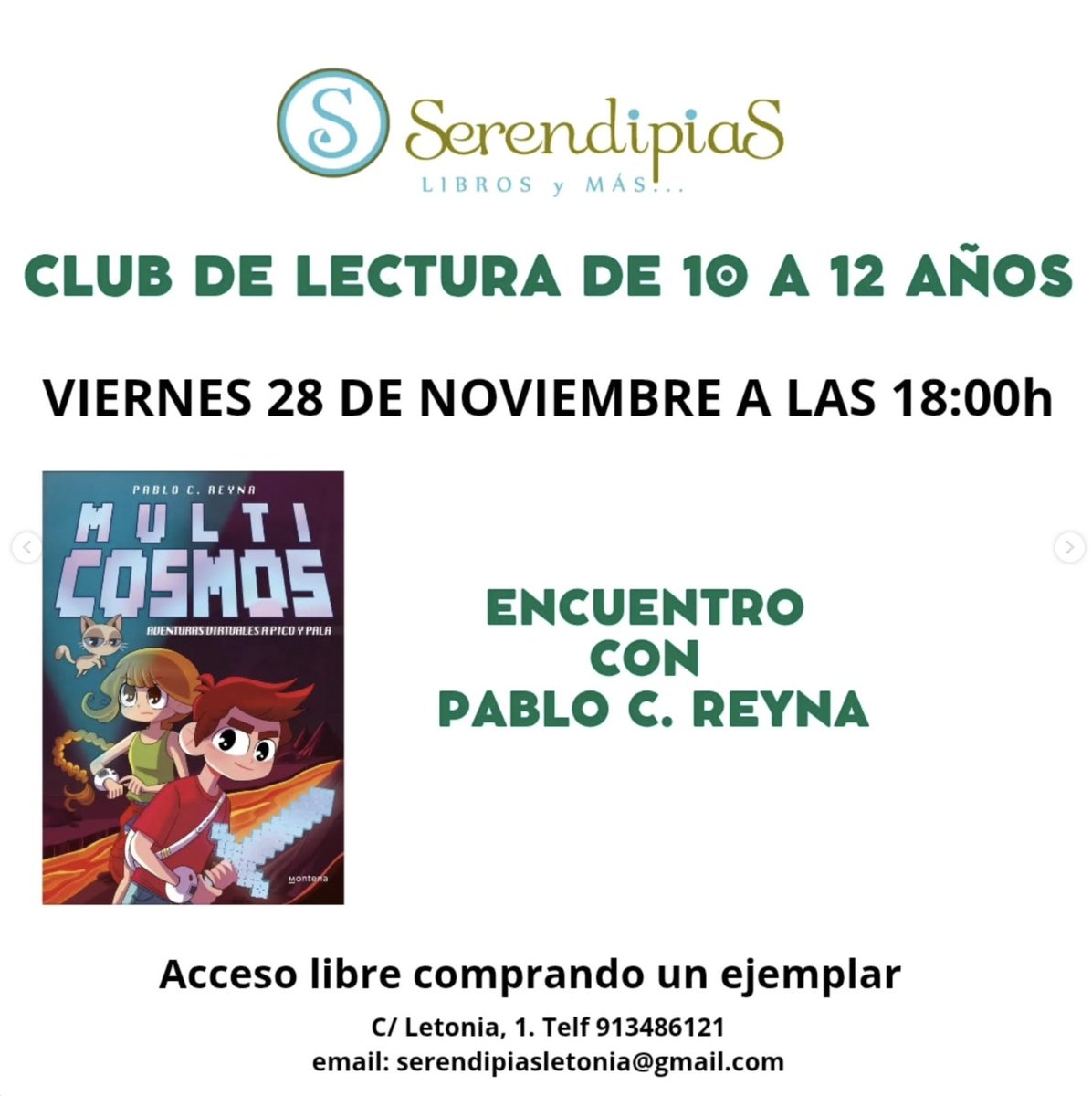 PabloCReyna's tweet image. Este viernes club de lectura de #MultiCosmos en Serendipias, #TresCantos. Si alguien quiere aprovechar para hacer regalo navideño, puede comprarlo con antelación para que se lo firme (y dibuje). La librería hace envíos a toda España.😊