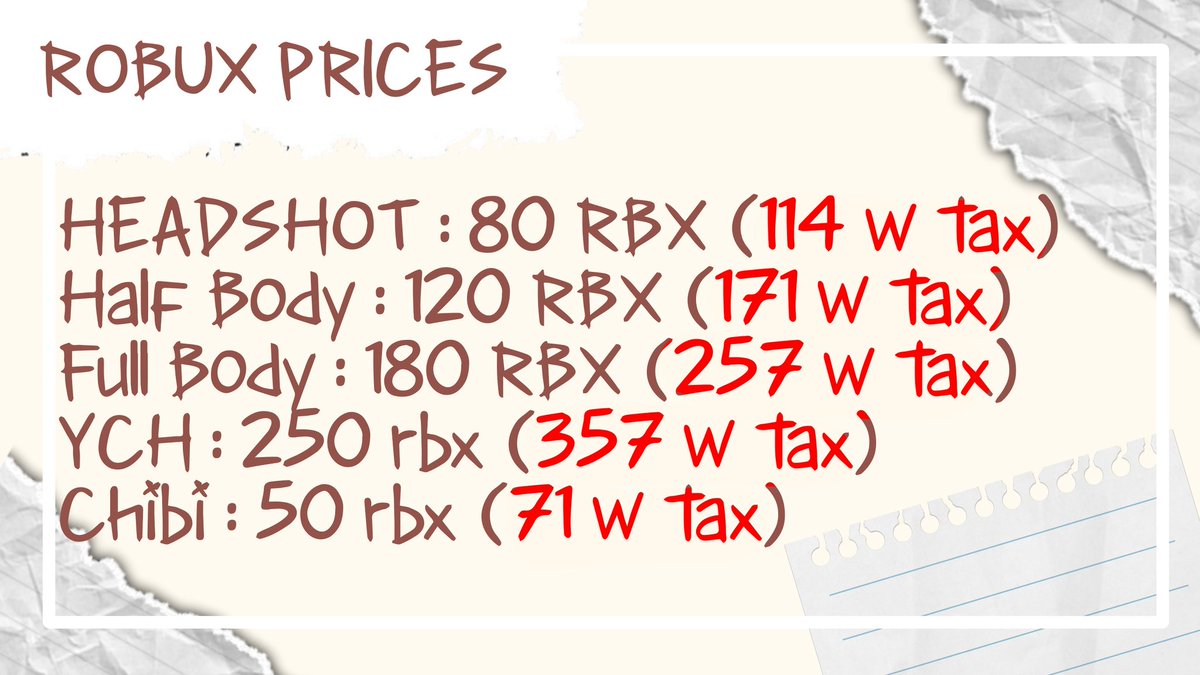 MiyyonDesha's tweet image. !! ART COMMS BUT WITH RBX !!
I was lowk forgot about rbx but here the prices with rbx!!! To you who doesnt play rh, I accept RBX as well !!

Pls lmk if i might calculate them wrong!! 
#ArtCommission #Robux #RobloxCommission