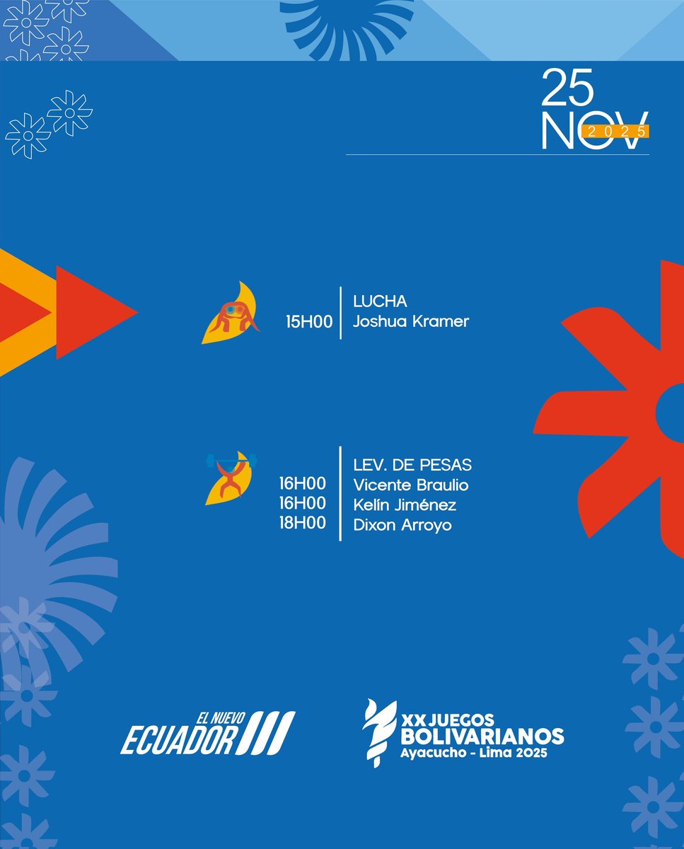 DeporteEc's tweet photo. Los #JuegosBolivarianos2025🏆 llegan a su 4️⃣ día y 🇪🇨Ecuador se ubica en la tercera posición del medallero general, solo precedido por 🇨🇴Colombia y 🇻🇪Venezuela.

Revisa las nuevas pruebas que enfrentarán hoy nuestros deportistas.🤩🎉🙌🏼

#ElNuevoEcuador🇪🇨 https://t.co/BmIJiqeQeG