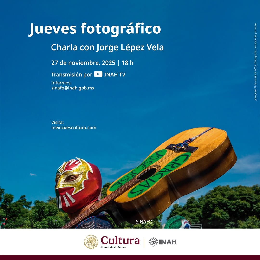 #IMPERDIBLE
📷 Jueves Fotográfico del SINAFO, Charla con Jorge Lépez Vela. Jueves 27 de noviembre  a las 18 horas.
Por el canal de #INAHTV en YouTube:  youtube.com/watch?v=8kX2ui…
#SINAFO #FototecaNacional #JuevesFotográfico