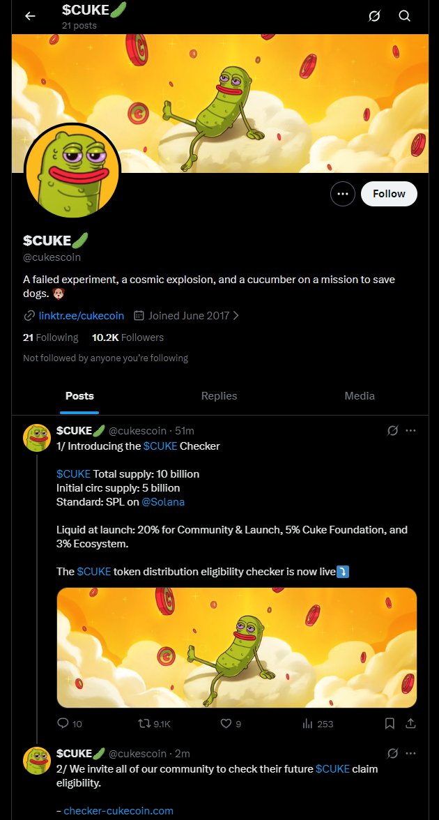 Heads up, fam, someone’s impersonating $CUKE.
This profile is NOT us and is trying to scam people.
Please report it immediately so we can keep the community safe. 💚
Thanks for looking out.