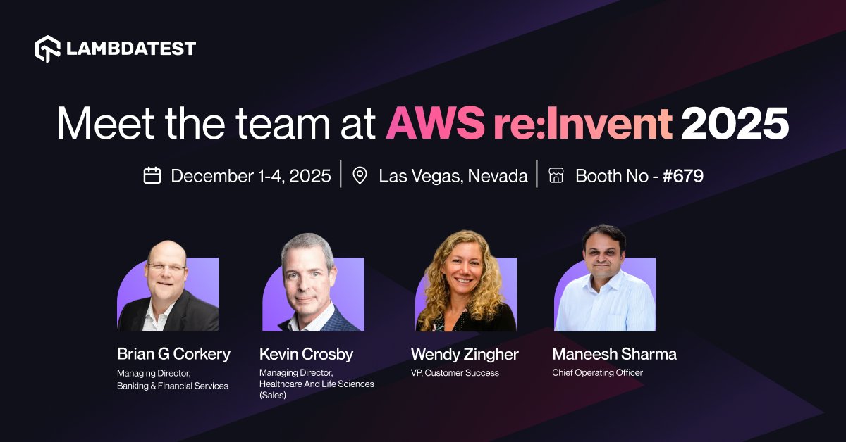 lambdatesting's tweet image. LambdaTest is bringing #AgenticTesting at #AWSreInvent 2025! 🎲

We’ve assembled our top Engineers, Product Leaders, and Solutions Architects at Booth #679 to showcase the Native AI-Agentic Cloud Platform to supercharge #QualityEngineering &amp;amp; discuss how we&apos;re unifying the #GenAI…