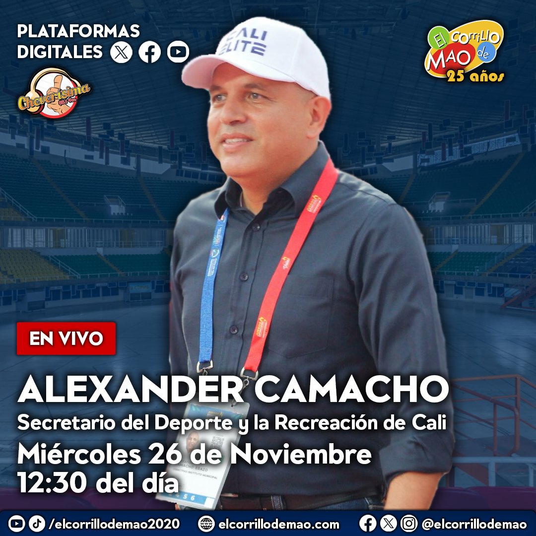 <a href="/elcorrillodemao/">🎙 𝗘𝗹 𝗖𝗼𝗿𝗿𝗶𝗹𝗹𝗼 𝗱𝗲 𝗠𝗔𝗢 🎙</a> 🗣️🎙️⚽️: Mañana #EnCabina, contaremos con la presencia del Secretario del Deporte y la Recreación de Santiago de Cali 🇺🇿, Alexander Camacho, donde nos hablará de los proyectos de infraestructura deportiva en los barrios de la comarca caleña, y los incentivos a los