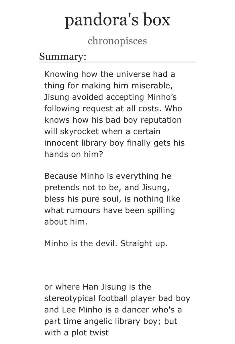 pandora’s box - chapter 2

- mnsng
- college au
- bad boy football player jsng/dancer library boy mnho
- explicit
- 15k words

🔗 archiveofourown.org/works/72777331…