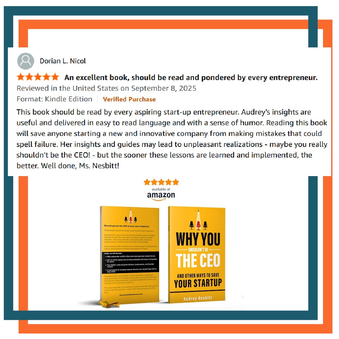 A new five-star review called my book a must-read for every entrepreneur. Grateful. Why You Shouldn’t Be the CEO and Other Ways to Save Your Startup is for founders ready to face the human side of leadership before it gets expensive. Available now. youshouldntbetheceo.com