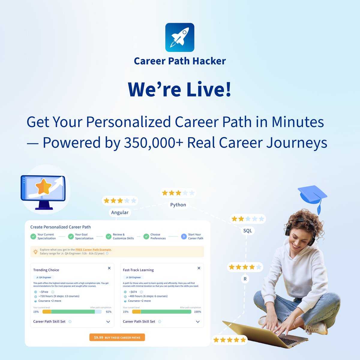 We’re live! 🚀

Career Path Hacker turns 350000+ real career journeys into a personalized learning path for you.

Pick your current role+goal→get a clear roadmap with skills, courses &amp; hours.

No subscriptions, no course chaos.

👉 careerpathhacker.com

#CareerTips #Careers