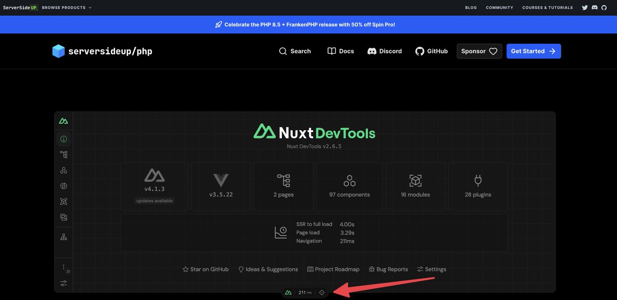 jaydrogers's tweet image. Have you seen Nuxt DevTools before?

Might be some good inspiration on your project. You can run it if you install the serversideup/php docs on your machine (see docs/README.md).

The Nuxt team did a killer job on designing the dev tools 💯