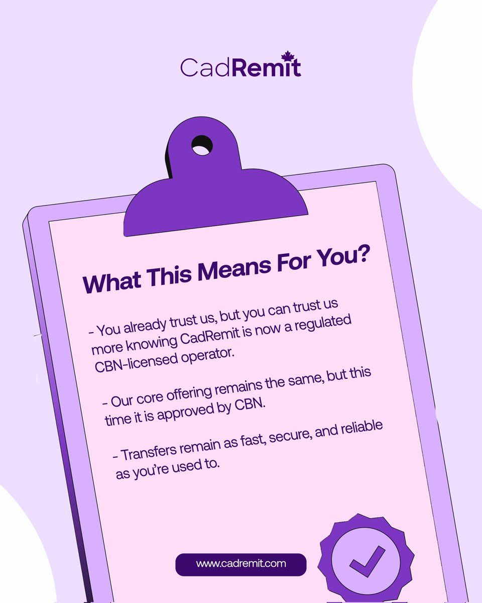 CadRemit's tweet image. Good news! 

We're now officially a licensed IMTO, which is authorised by the Central Bank of Nigeria (CBN).🎉

#CadRemit #IMTOLicensed #CBN