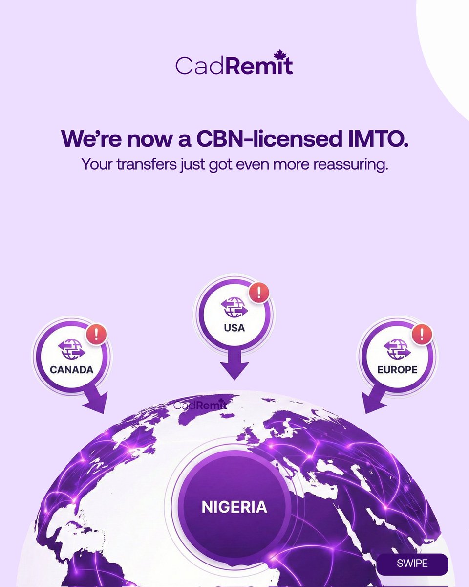 CadRemit's tweet image. Good news! 

We're now officially a licensed IMTO, which is authorised by the Central Bank of Nigeria (CBN).🎉

#CadRemit #IMTOLicensed #CBN