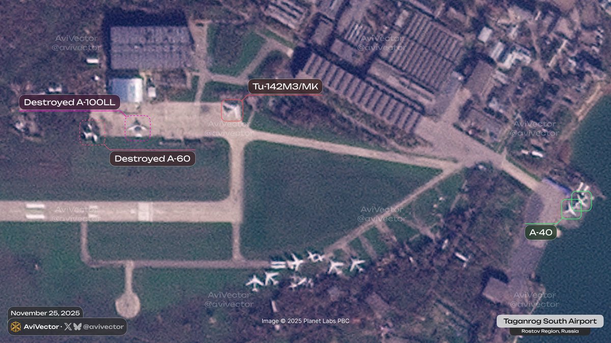 avivector's tweet image. 🔻 Satellite images of 🇷🇺 Taganrog South Airport as of November 25, 08:47 UTC

The airport housed the destroyed A-60 and A-100LL, along with 1 Tu-142M3/MK (Bear-F) and 2 A-40 (Mermaid).

Tonight, Ukrainian forces have destroyed A-100LL (RF-93953) and A-60 (RA-86879). Both…