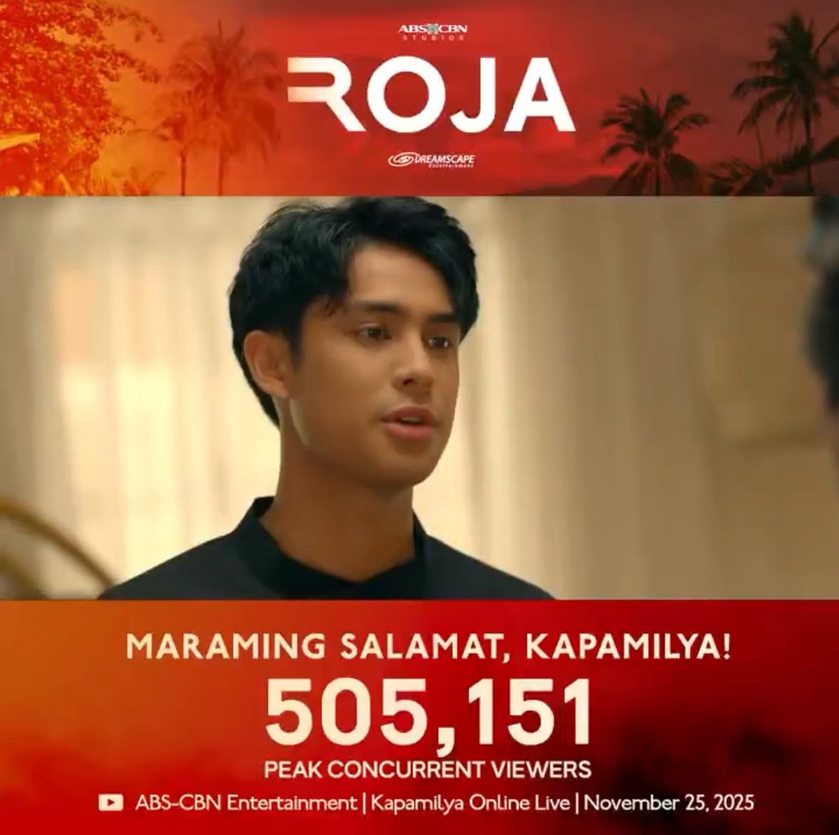 DONNYC0RE's tweet photo. #ROJA and Donny are winning π
Peak concurrent views on Kapamilya Online Live tonight is 505,151 (almost at par with Batang Quiapoβs) and they also maintained top spot ranking on Netflix showsπ
Congrats Donny and ROJA team!
ROJA TRAGEDY BEGINS
#ROJAFirstBlood
#DonnyAsLIAM #DonnyPangilinan