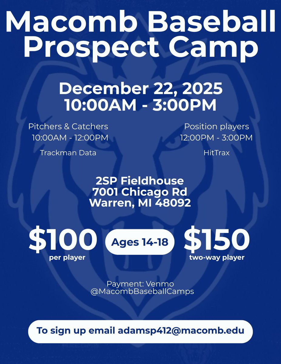 Macomb Baseball Prospect Camp!

Join us on December 22nd at the 2SP Fieldhouse to showcase your skills in front of our coaching staff. Each camp member will receive pro style development and evaluation with Trackman and HitTrax data. 

Contact Adamsp412@macomb.edu for more info!
