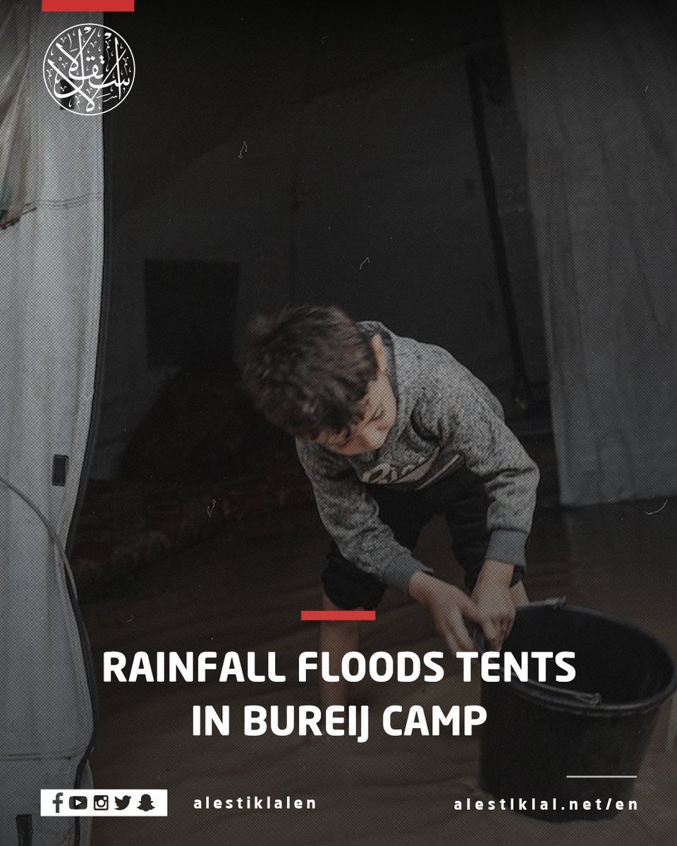 alestiklalen's tweet image. Palestinian families in central Gaza continue to suffer as rainfall once again floods the fragile tents of displaced residents in al-Bureij camp. With no proper shelter and worsening winter conditions, thousands face unbearable hardship.

#Gaza #Bureij #Displacement