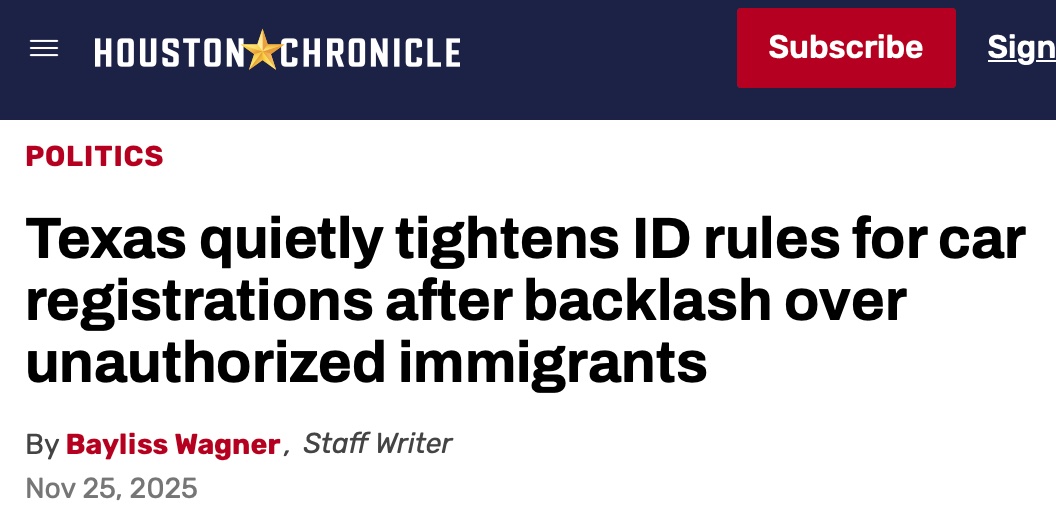 brianeharrison's tweet image. This is what WINNING looks like!  You&apos;re welcome, Texas!

Excerpts from @HoustonChron:  Hundreds of thousands of Texans without legal status can no longer register or renew vehicle registrations after the state quietly tightened ID requirements...

The Texas Department of Motor…