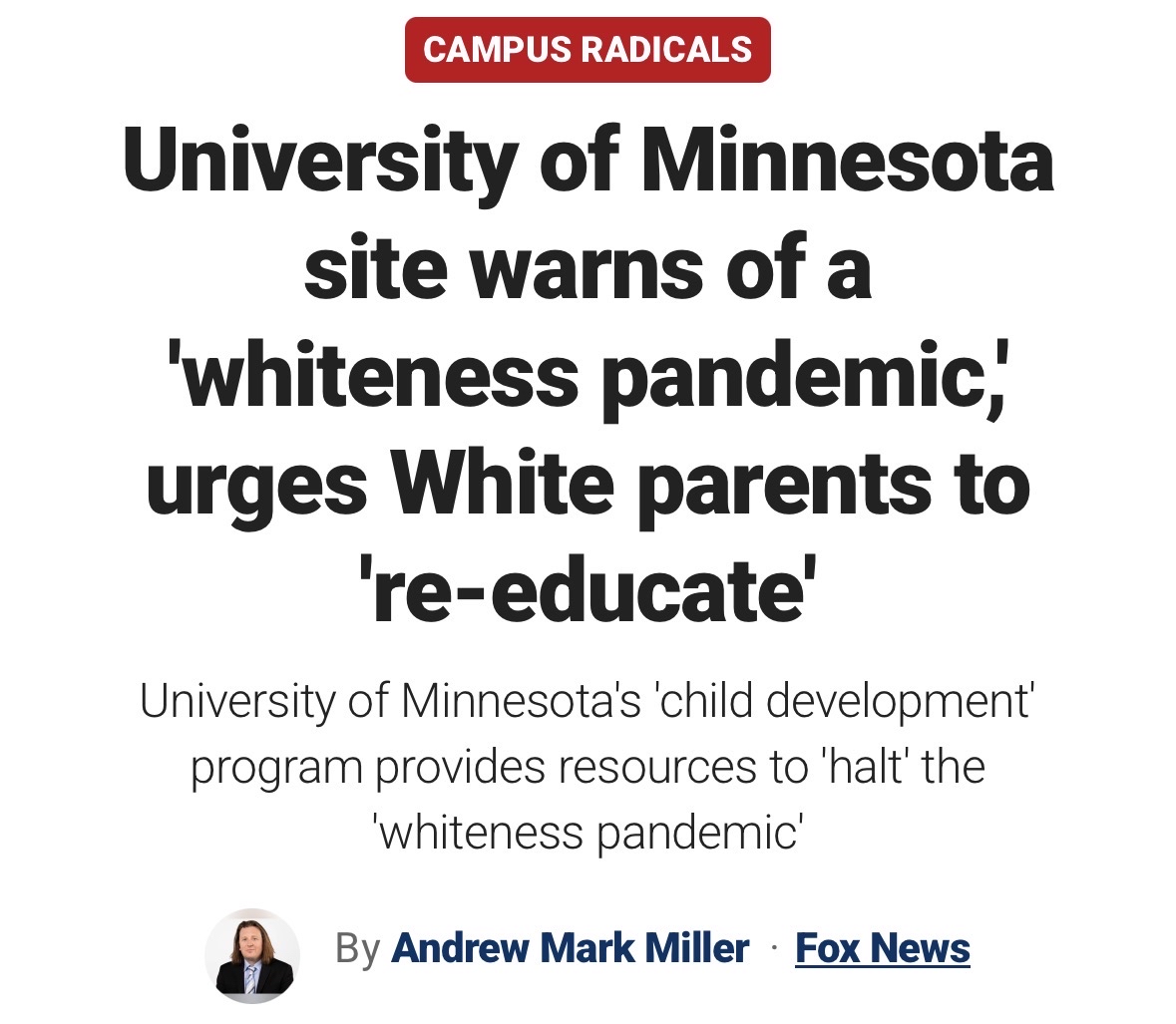 The University of Minnesota’s “Culture and Family Lab” is running a webpage warning of a so-called “whiteness pandemic” and urging white parents to “re-educate” themselves.

foxnews.com/politics/unive…