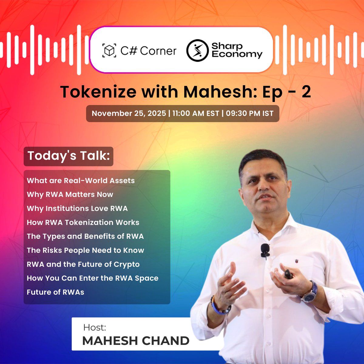 SharpEconomy's tweet image. ⏳ Only 15 minutes left!

Join @mcbeniwal LIVE as he breaks down The Rise of RWAs on 𝐓𝐨𝐤𝐞𝐧𝐢𝐳𝐞 𝐰𝐢𝐭𝐡 𝐌𝐚𝐡𝐞𝐬𝐡!

🎥 Don’t miss it: youtube.com/watch?v=fzPJ_L…

#CSharpCorner #StaySharp $SHARP #SharpToken #Tokenization #Web3 #DeFi #Stablecoin #Tokenomics #Crypto…