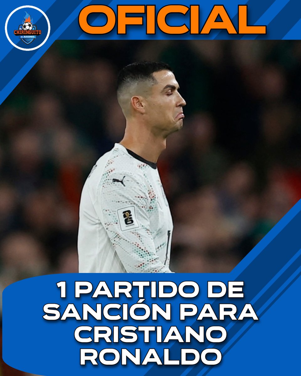 elchiringuitotv's tweet image. 🏆 CRISTIANO NO se perderá ningún partido del MUNDIAL.

❌ Le han sancionado con 1 partido, que ya cumplió contra Armenia.