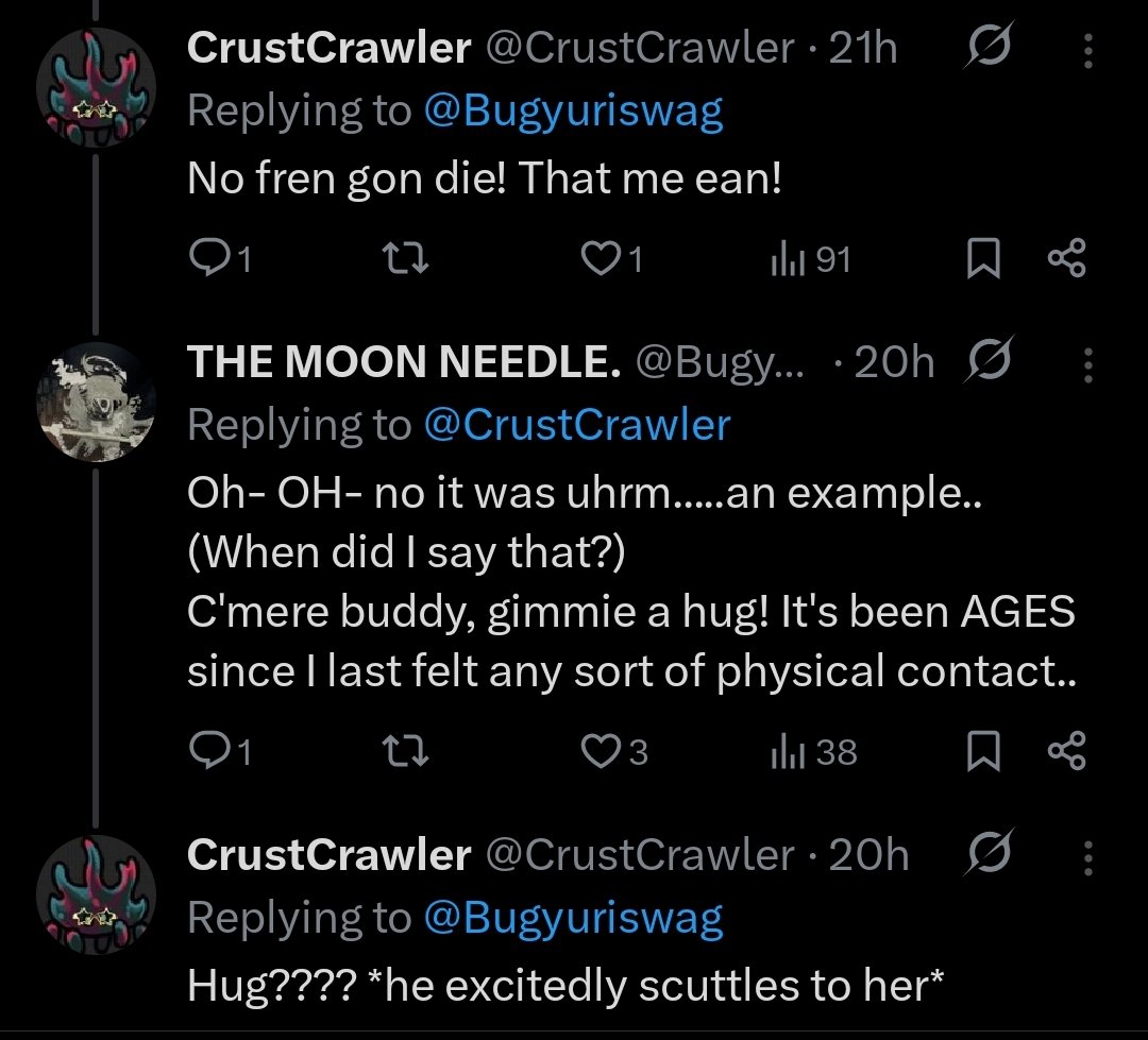 Bugyuriswag's tweet image. Okay so, Ive seen that almost nobody was able to see the replies of the interaction I had with crust crawler. It was an issue for us both too, so, Ive decided to share screenshots of MY point of view, and explain the post as well. (1/?)