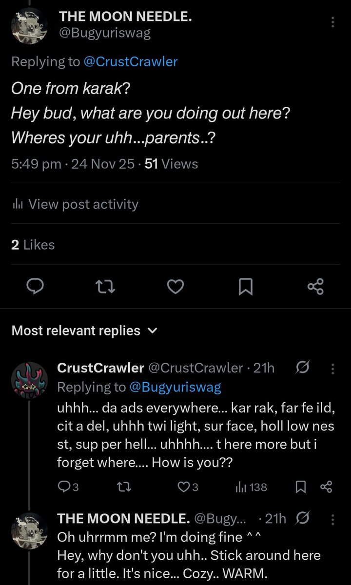 Bugyuriswag's tweet image. Okay so, Ive seen that almost nobody was able to see the replies of the interaction I had with crust crawler. It was an issue for us both too, so, Ive decided to share screenshots of MY point of view, and explain the post as well. (1/?)