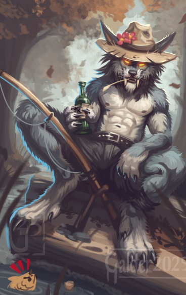 Just a Worgen lad having fun, chilling, fishing. Don't mind the angry fish, run away before the angry Murlocs though!

#warcraft #WarcraftArt