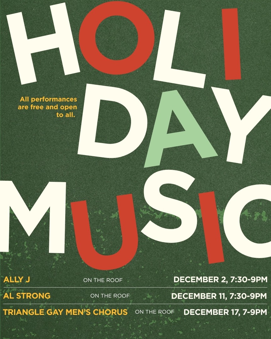 The Roof turns into its own little holiday soundtrack in December. Local artists, festive drinks, and three nights of free music for the community.

Full details at: thedurham.com/events/holiday…