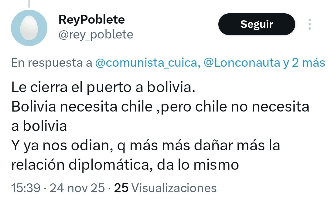 Lonconauta's tweet photo. @b2ef8c5672f8492 @rey_poblete @comunista_cuica @WCreativo era "puerto", mi error ✌🏻
 y le detallé todos los puntos de lo q significa hacerlo y pq Chile igual necesita de Bolivia... pero obvio, se quedó sin argumentos y no volvió a responder.
sigo esperando el "ábaco" https://t.co/qCZ4As69vl