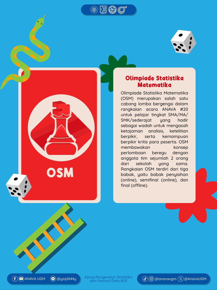 AnavaUGM's tweet image. 🎲✨OSM: OLIMPIADE STATISTIKA MATEMATIKA🎲✨

Navamates, sudah siap mengasah kemampuan di bidang statistika dan matematika sekaligus melatih kemampuan analisis data? 🤔
Yuk ikuti Olimpiade Statistika Matematika (OSM) bersama tim terbaikmu! 🙌🏻📈