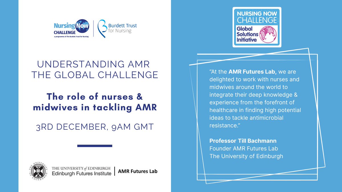 NursingNow2020's tweet photo. The 2nd #NNCGSI session as part of our collaboration with @EdinburghUni #AMRFuturesLab will take place on 3rd December at 9am GMT & you're all invited!
Register your place here: https://t.co/oD5hI9aGeK
#Leadership #Nurses #Midwives #Innovation #AMR
@maneeshpaul @BurdettTrust https://t.co/PwNzulmSZW